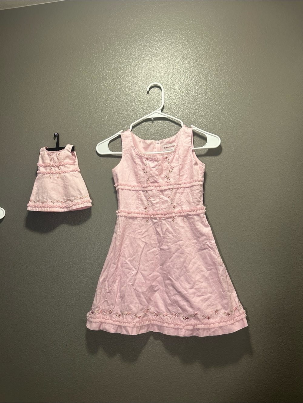 American Girl Doll & Girl Matching Dress Set Size 7 Pink Embroidered Flawed